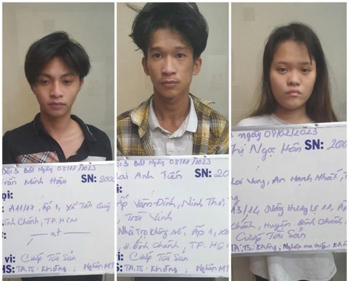 Ba đối tượng: Trần Minh Hậu, Mai Anh Tiến và Lê Thị Ngọc Hân trong băng cướp.